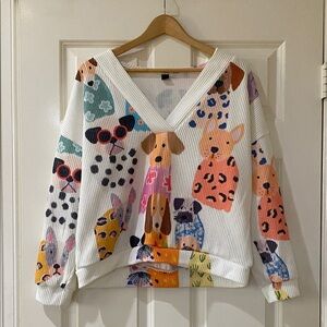 Colorful Dog Print V-Neck Sweater